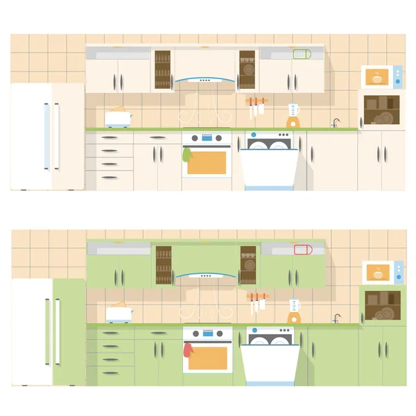 Kuchyň s výhledem na nábřeží v ploché rozložení designu, sada dvou barev — Stockový vektor