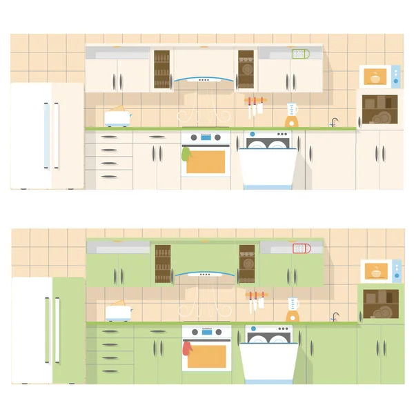 Cucina con vista sulla parte anteriore, in un design a pianta piatta, due set di colori — Vettoriale Stock