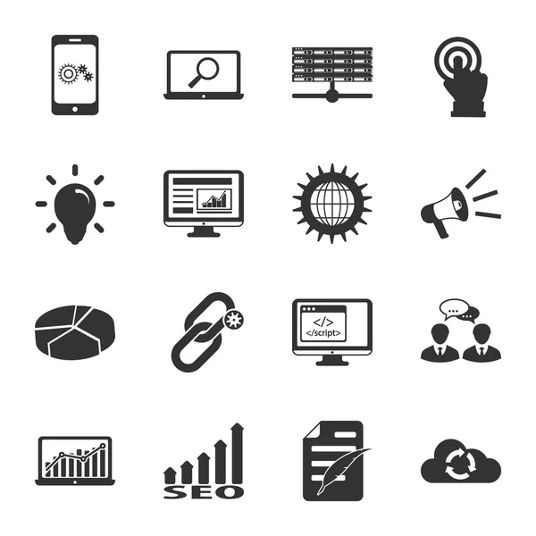 Optimización de motores de búsqueda conjunto de iconos planos en blanco y negro — Archivo Imágenes Vectoriales