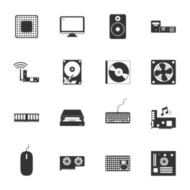 Bilgisayar çevre birimleri ve bölümleri siyah beyaz düz Icons set
