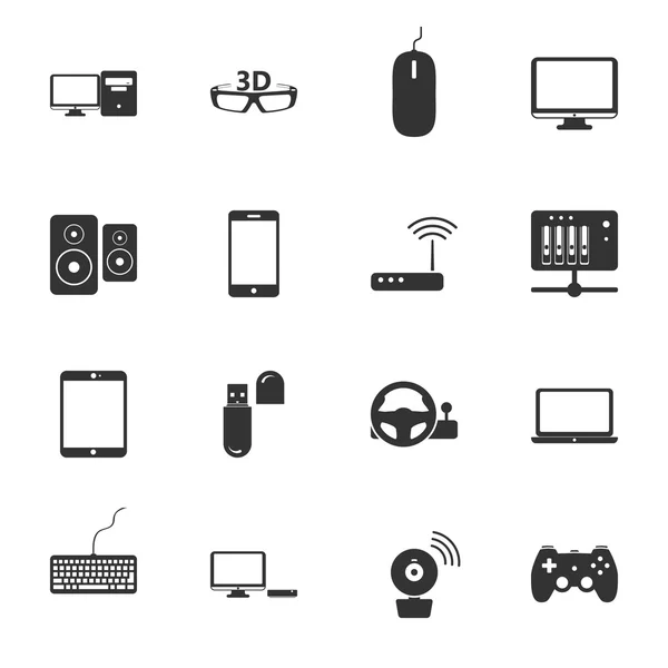 Computers, peripherals and network devices black and white flat icons set — Stock Vector