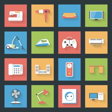 Gölgeler ile ev mobilya ve ev aletleri düz Icons set