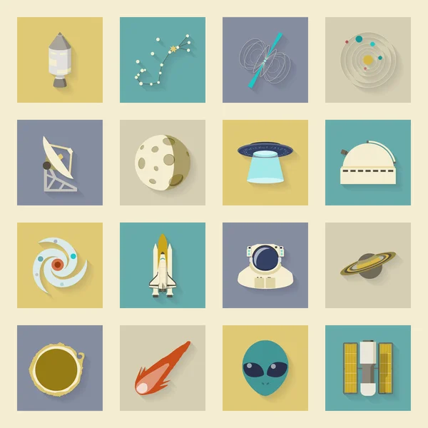 Astronautik och utrymme platt ikoner set med skuggor — Stock vektor