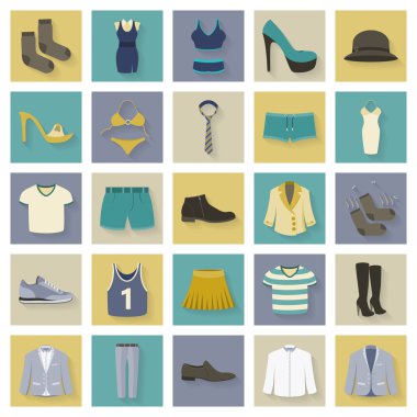 Giyim ve ayakkabı gölgeler ile düz Icons set