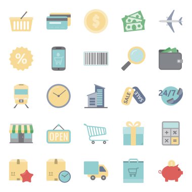 Satış ve alışveriş düz Icons set