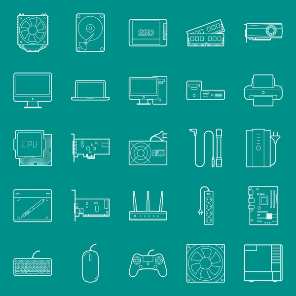 Computer components and peripherals thin lines icons set — Stock Vector