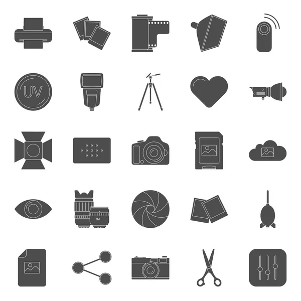 Equipo fotográfico final edición siluetas iconos conjunto — Vector de stock