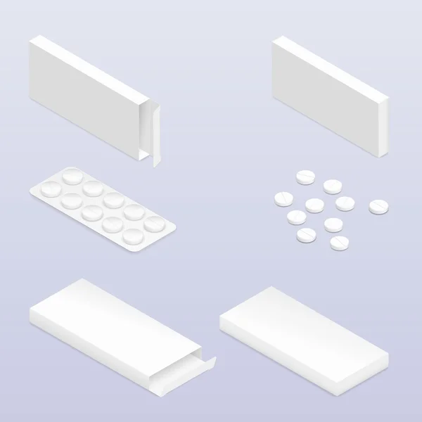 Tabletten in Blister und Verpackung detailliertes isometrisches Symbolset — Stockvektor