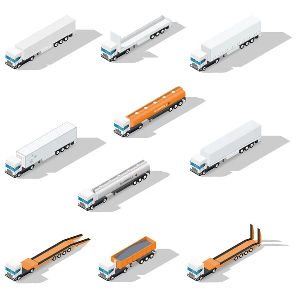 Trucks with semitrailers detailed isometric icon set, front view — Stock Vector