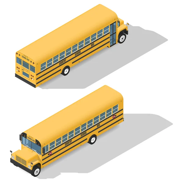 Autobús escolar iconos isonétricos detallados conjunto frond y vista trasera — Vector de stock