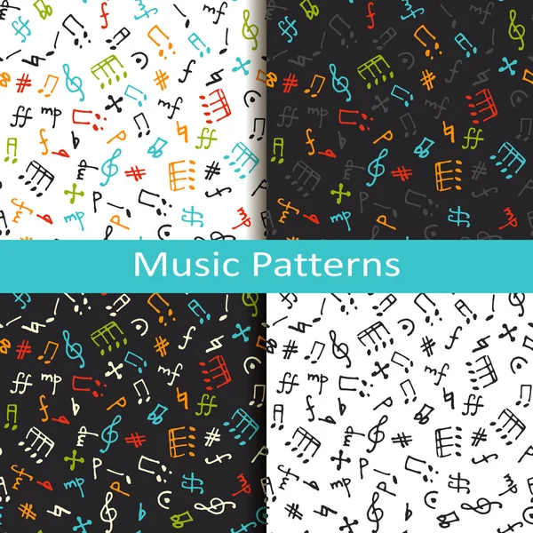 Conjunto de cuatro patrones musicales con diferentes símbolos musicales — Vector de stock