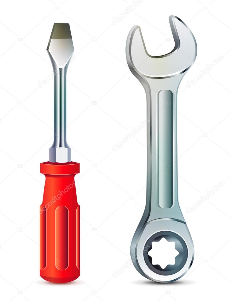 Screwdriver and adjustable wrench, realistic vector