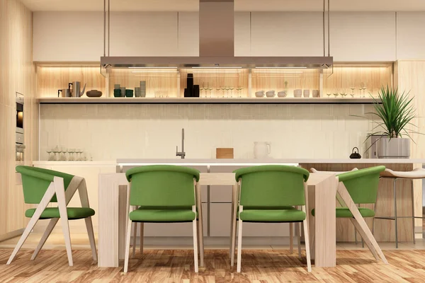 Modern interior of kitchen with living room