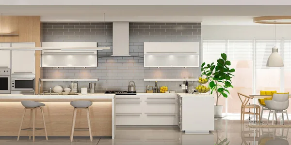 Modern interior of kitchen with living room