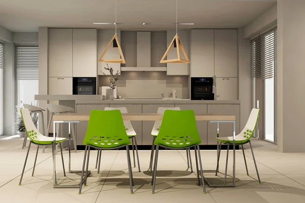 Modern interior of kitchen with living room