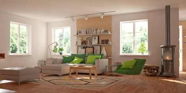 Modern interior of kitchen with living room