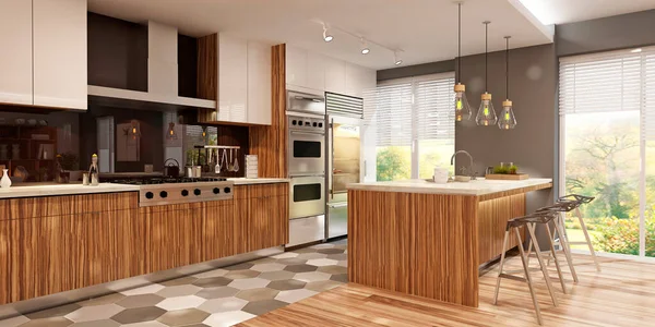 Modern interior of kitchen with living room