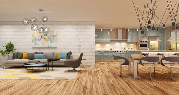 Modern interior of kitchen with living room