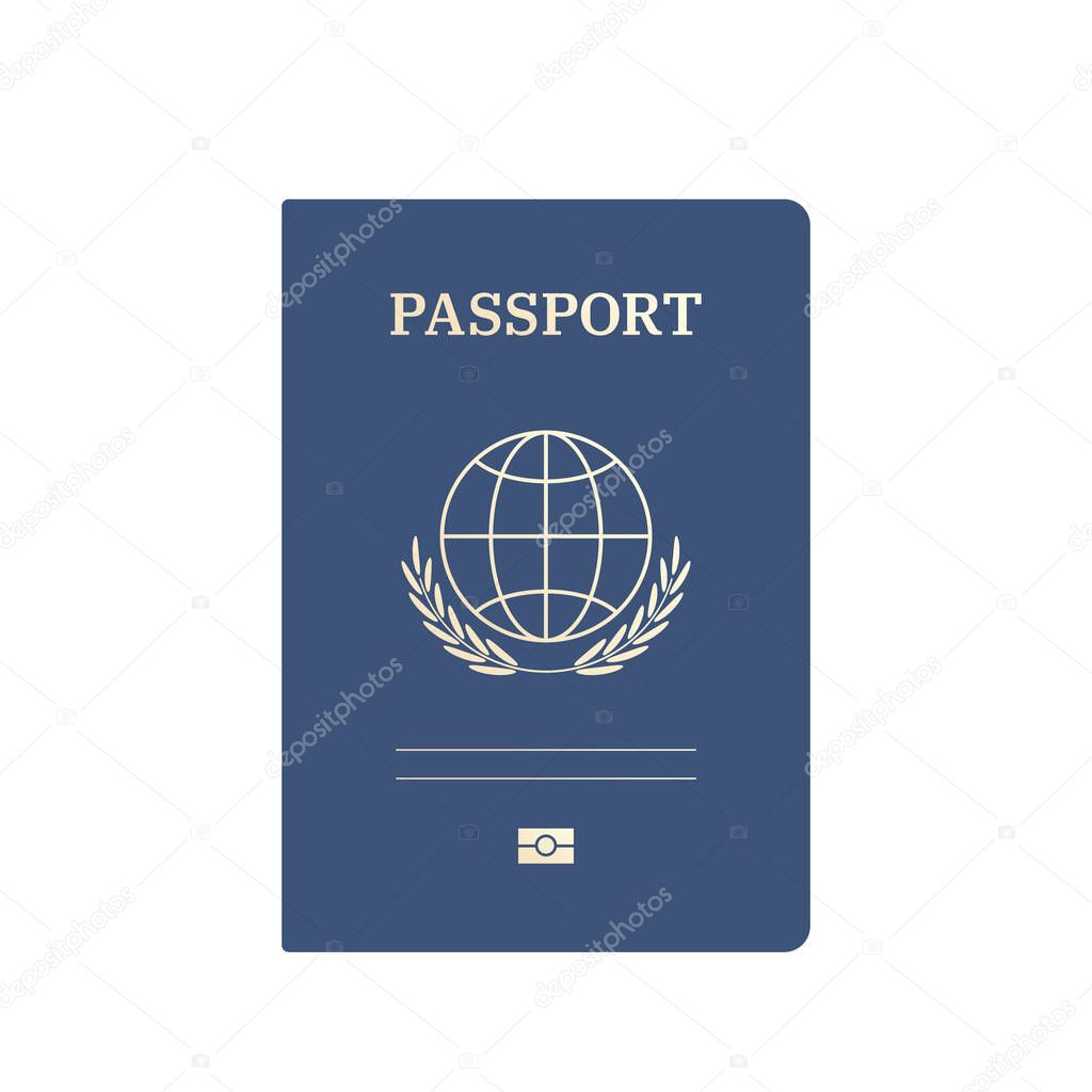 Passport template with a blue cover and golden elements. The document has a simple globe icon and olive branches. Vector illustration.