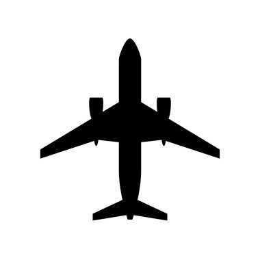 The black silhouette of an airplane is isolated on a white background. Black vector shape.