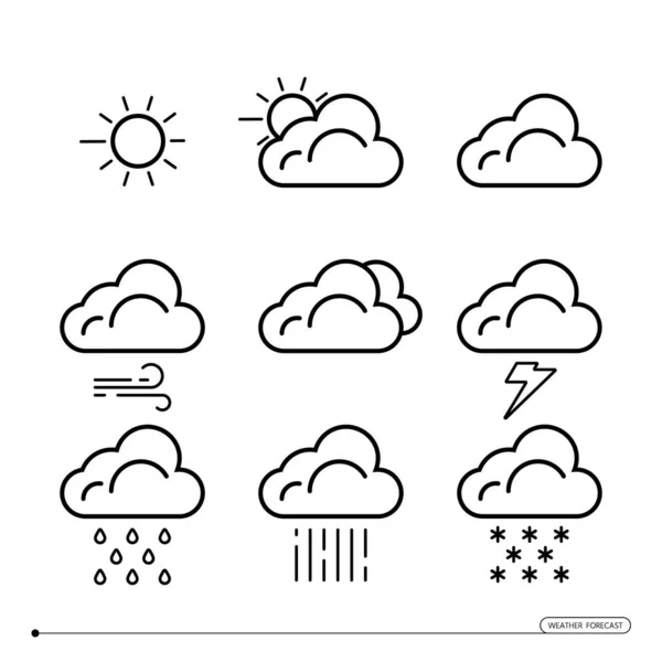 Weather Forecast Icon Set Black Different Linear Icons Isolated White — Vettoriale Stock