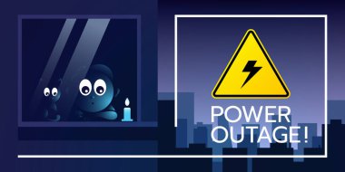 Elektrik kesintisinin web pankartı. Şehrin arka planında elektriksiz bir uyarı işareti var. Ayrıca penceresinde kedisi olan bir çocuk var..