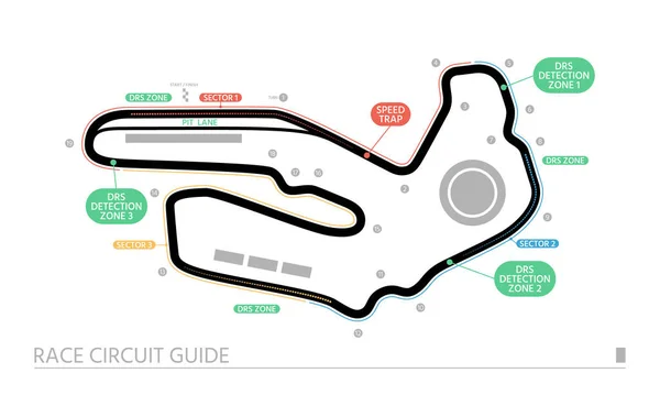 Racecircuit Gids Geïsoleerd Een Witte Achtergrond Het Baanschema Omvat Drie — Stockvector