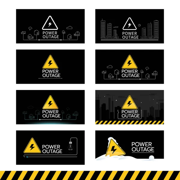 Elektrik Kesintisi Pankartında Sekiz Tane Uyarı Işareti Olan Siyah Pankart — Stok Vektör