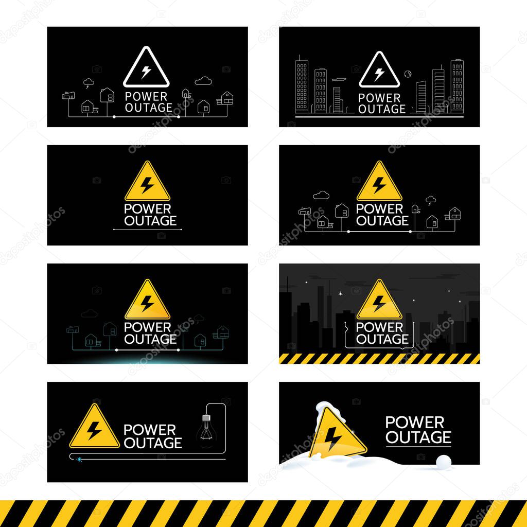 The banner set of a power outage has eight black banners with warning signs. Vector illustration.