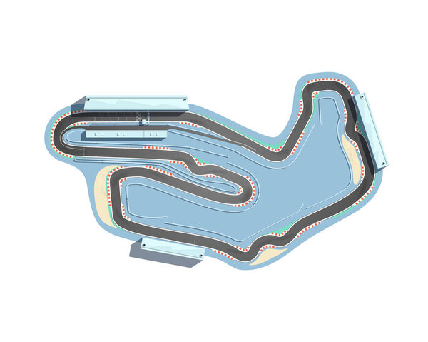 The aerial view of a race track is isolated on a white background. The racing circuit is including a pit lane, grandstands, boxes, and gravel safety zones. Vector illustration.