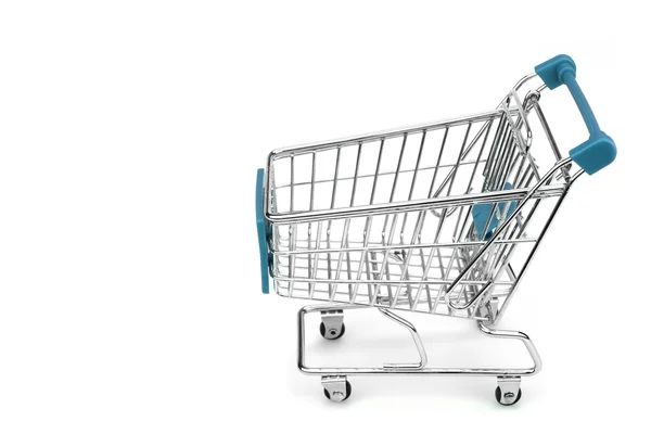 Nuevo vacío azul carrito de compras aislado en blanco, Vista lateral — Foto de Stock