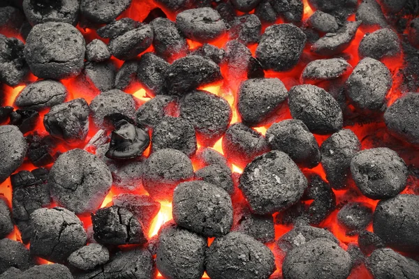 Bbq Grill Pit Glowing Flaming Hot Charcoal Briquettes Food Background — Stock Photo, Image