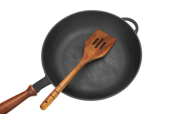 Neue Leere Und Saubere Gusseisen Skillet Oder Bratpfanne Weiß Isoliert — Stockfoto