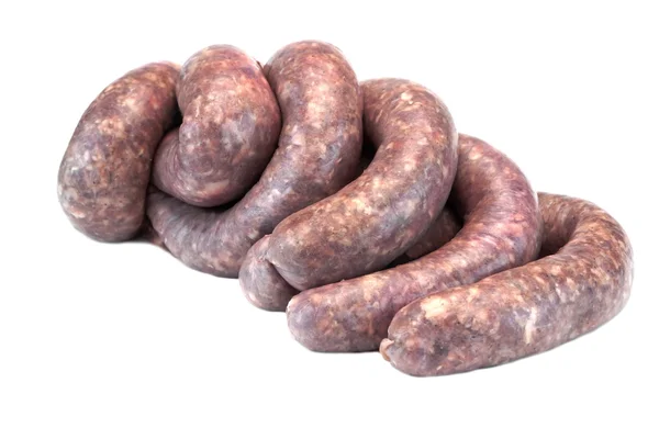 Néhány RAW Bratwurst természetes burkolat izolált fehér — Stock Fotó