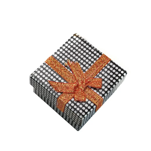 Close Single Gift Box Dotted Black White Pattern Orange Ribbon — Stock Photo, Image