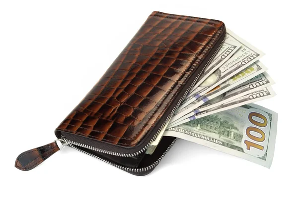 Unzipped Stuffed Long  Leather Wallet With Cash White Isolated C — 스톡 사진