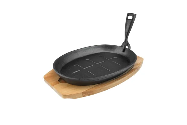 New Clean Empty Cast Iron Serving Griddles Pan Wood Plate — Stock Photo, Image