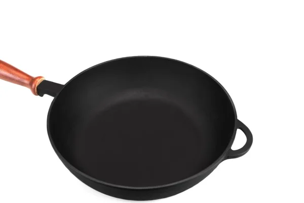 Pusty Modern Vintage Cast Iron Pan Drewnianą Rączką Białym Tle — Zdjęcie stockowe