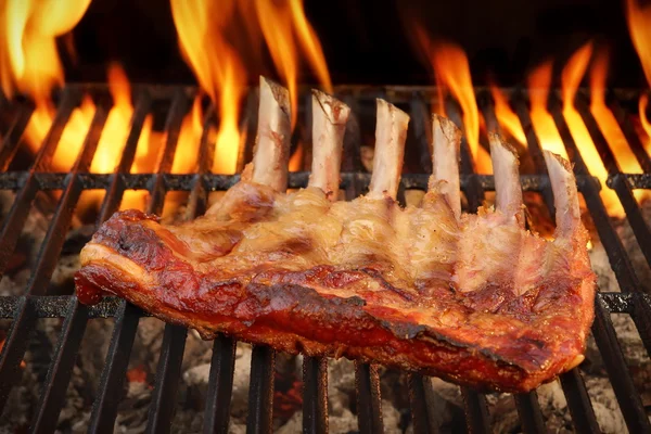 Bambino indietro o costole di ricambio sulla griglia barbecue fiammeggiante — Foto Stock