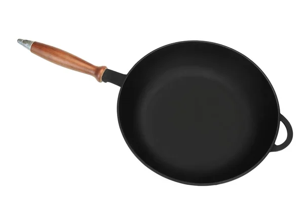 Empty Modern Vintage Cast Iron Pan With Wooden Handle Isolated — Stock Photo, Image