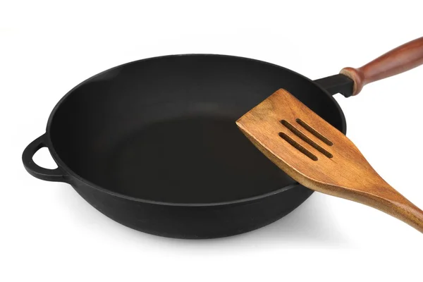 Empty Modern Vintage Cast Iron Pan With Wooden Handle Isolated — Stock Photo, Image