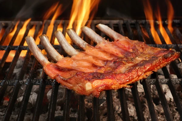 "Baby Back" eller "Spar ribben på den brennende BBQ-grillen". – stockfoto