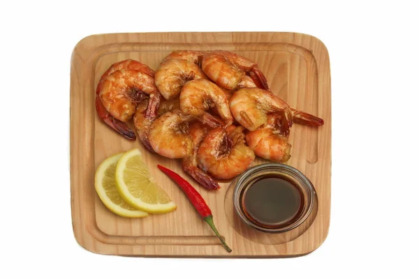 Grilled King Size Shrimps With Sauce Served On Wood Board — Stock Photo, Image