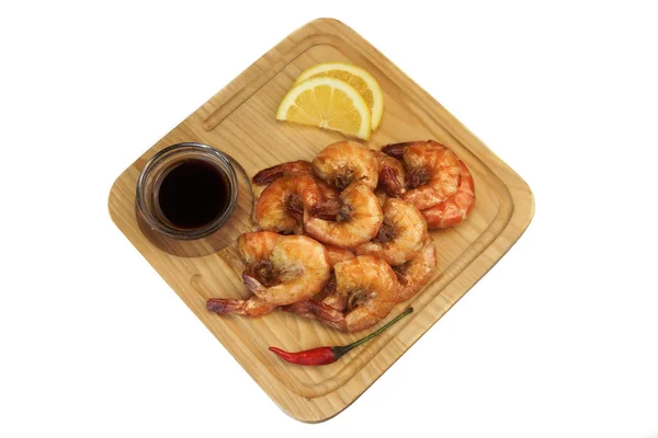 Grilled King Size Shrimps With Sauce Served On Wood Board — Stock Photo, Image