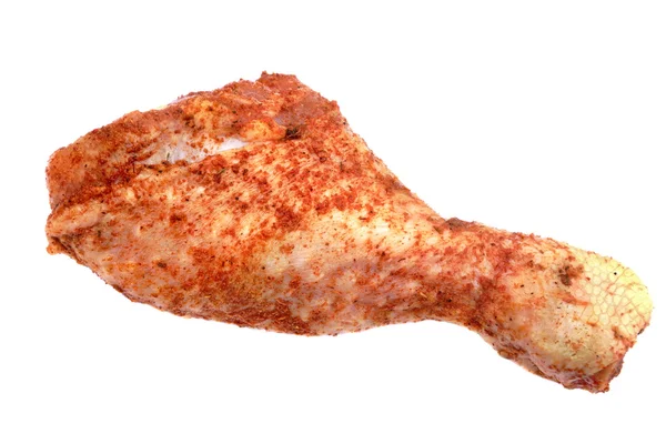 Single Raw Dry Rubbed Chicken Leg Terisolasi Di Latar Belakang Putih — Stok Foto