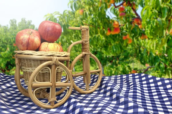 Wicker Bicycle Basket With Apples On Table With Blue Tablecloth — Stok fotoğraf