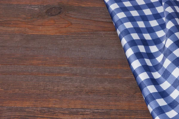 Blue Checkered Tablecloth On The Rough Rustic Wooden Table, Over — Stok Foto