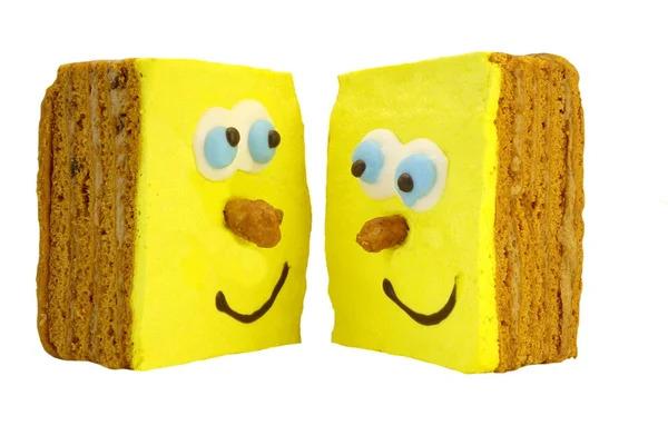 Gros Plan Deux Brownies Faits Main Avec Des Visages Jaunes — Photo