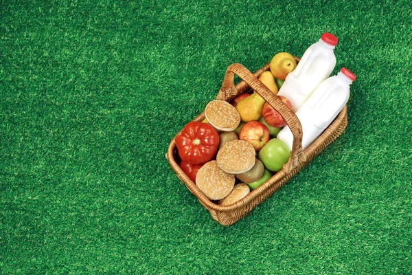 Top View Of Picnic  Basket  On The Summer Garden Lawn — Stock Photo, Image