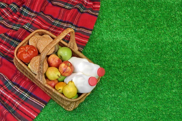 Cesta de mimbre con comida y bebida en la manta de picnic — Foto de Stock